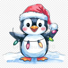 a penguin wearing a santa claus hat and holding a christmas ornament, hd png