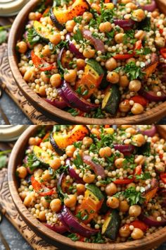 two wooden bowls filled with vegetables on top of a table next to another bowl full of food