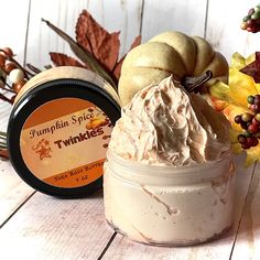 "Treat your skin this fall with our staple autumn signature scent of Pumpkin Spice. Our Pumpkin Spice Body Butter will leave your skin with a luminous glow and smelling deliciously of freshly baked pumpkin pie, buttery cinnamon, and warm vanilla and clove. For extra glam, try it with glitter! Our glitter is eco friendly/biodegradable! ✨ This listing is for one 4 ounce BPA free plastic jar. Jar measures 2.9\"Wx1.9\"H This body butter is intensely moisturizing so a little bit goes a long way. It is great to use during dry seasons or after a shower to keep skin hydrated with a healthy glow. Wait for body butter to dry completely on the skin to avoid getting it on clothes.  These body butters are sensitive to temperature so it will harden in cooler temperature and soften in warmer. Keep in min Fall Body Butter, Homemade Body Cream, Autumn Fragrance, Philosophy Products, Fall Fragrance