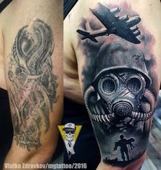 the arm and shoulder are covered in tattoos with an image of a man wearing a gas mask