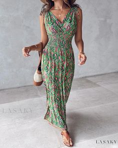 Lasaky - Charming Paisley Print V-Neck Dress with Adjustable Tie Green V-neck Dress With Paisley Print, Green V-neck Paisley Print Dress, Green Paisley Print Maxi Dress For Vacation, Casual Green Paisley Print Maxi Dress, Green Casual Paisley Print Maxi Dress, Green Paisley Print Maxi Dress For Beach, Multicolor V-neck Maxi Dress With Paisley Print, Fitted Paisley Print Maxi Dress With V-neck, Patterned Paisley Print Maxi Dress With V-neck