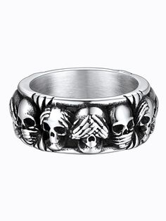 PRICES MAY VARY. 【Gothic Skull Rings】--Retro punk 3 skull band rings, suit for biker, hip hop, rock and gothic fans. Unique skull ring design for broken souls, meticulously crafted in great detail, as well as good cos play jewelry for halloween party. 【Retro Steel Rings for Men】--Top steel biker rings made of 316L Stainless Steel, lead-free and nickel-free. Perfect for sensitive skin, no more worrying about allergies. No tarnish and oxidize, long lasting. It is able to endure a lot of wear and t Gothic Accessories Men, Gothic Jewelry For Men, Silver And Black Rings, Black Symbolic Skull Ring For Halloween, Symbolic Black Skull Ring For Halloween, Gothic Jewelry Men, Unique Mens Jewelry, Goth Wedding Rings Men, Grunge Style Rings For Halloween Gift