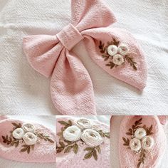 two pictures of pink knitted hats with flowers on them and one has a bow