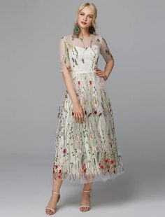 A-Line Floral Dress Holiday Tea Length Half Sleeve Illusion Neck Lace with Embroidery Appliques Spring A-line Embroidered Dress With Floral Embroidery, Spring Lace Dress With Floral Embroidery, Summer Fitted Organza Embroidered Dress, Summer Organza Embroidered Fitted Dress, Summer Floral Embroidered Organza Dress, Spring Multicolor Embroidered Dress With Floral Applique, Spring Short Sleeve Lace Embroidered Dress, Summer Lace Embroidered Dress With Floral Print, Spring Floral Print Lace Embroidered Dress