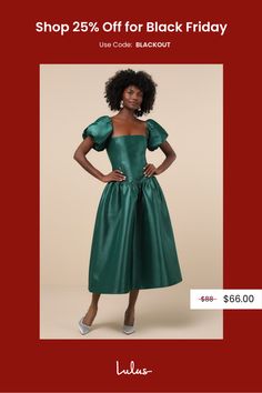 Instant admiration is exactly what you'll receive when you walk in wearing the Lulus Exclusive Charm Emerald Green Taffeta Puff Sleeve Midi Dress! Sleek, structured woven taffeta shapes this stunning dress that features a fitted bodice with flattering seam detailing and a square neckline, framed by trendy puff sleeves (with elastic at the shoulders and cuffs). The timeless drop waist tops a voluminous A-line skirt that finishes at a chic midi hem. Smocked panel and hidden zipper/clasp at the back. Fit: This garment fits true to size. Length: Mid-calf length. Size medium measures 42.88" from shoulder to hem. Bust: Great for any cup size. Waist: Fitted - elastic waist allows stretch. Hip: Not Fitted - fuller skirt allows room for hips. Undergarments: May be worn with a strapless bra, adhesiv Emerald Green Bridesmaid Dresses, Emerald Dress, Emerald Dresses, Puff Sleeve Midi Dress, Christmas Dresses, Eve Dresses, New Years Eve Dresses, Green Bridesmaid Dresses, Midi Ruffle Dress