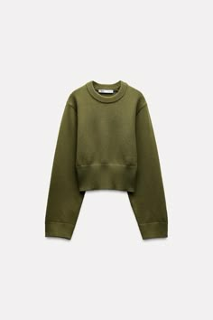 BASIC KNIT WIDE SLEEVE SWEATER - Green | ZARA United States Wide Sleeve Sweater, Khaki Sweater, Zara Knit Sweater, Zara Winter, Olive Sweater, Zara Basics, Khaki Tops, Cropped Knit Sweater, Cropped Pullover