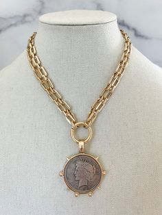 • Gold Plated on Brass • Vintage Coin Pendant  • Spring Clasp Closure  • Nickel Free • Hypoallergenic Coin Jewelry Necklace, Wardrobe Hacks, Coin Chain Necklace, Antique Coin Necklace, Silver Coin Jewelry, Gold Coin Jewelry, Ancient Coin Jewelry, Chunky Gold Necklaces, Gold Locket Necklace