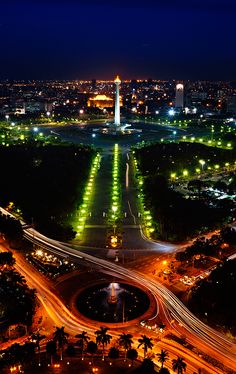 an aerial view of a city at night, with lights on the streets and trees in the foreground