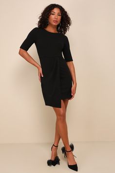 Sass and class come together perfectly with the Lulus Westwood Black Half Sleeve Sheath Dress! Ponte knit shapes this perfect-for-work dress with half sleeves, crew neckline, and princess-seamed bodice. Fitted waist tops a flattering sheath skirt with front pleats and overlapping hem. Hidden back zipper/clasp. Fit: This garment fits true to size. Length: Mid-thigh. Size medium measures 36.5" from shoulder to hem. Bust: Great for any cup size. Waist: Fitted - stretchy fabric allows custom fit. Hi Elegant Crew Neck Bodycon Dress, Elegant Fitted Mini Dress With Crew Neck, Black Long Sleeve Business Dress, Stretch Crew Neck Dresses For Work, Stretch Crew Neck Dress For Work, Elegant Crew Neck Dress For Work, Elegant Fitted Bodycon Dress With Crew Neck, Elegant Fitted Crew Neck Bodycon Dress, Elegant Crew Neck Fitted Bodycon Dress