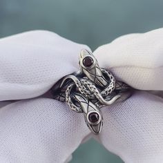 SNAKE GEMSTONE RING IN SILVER Eric Aesthetic, Snake Accessories, Snake Fashion, Wedding Forest, Character Clothing, Snake Jewelry, Wrap Ring, Red Gemstones, Snake Ring