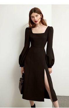 Elegant Vintage Black Retro Long Sleeve Split Midi Chiffon Dress | Uniqistic.com Black Dress For Concert, Fitted Midi-length Chiffon Dress, Fitted Chiffon Midi Dress With Square Neck, Elegant Chiffon Dress With Square Neck, Chiffon Square Neck Midi Dress For Party, Chiffon Evening Dress With Square Neck, Square Neck Chiffon Evening Dresses, Chiffon Square Neck Evening Dresses, Chic Solid Chiffon Party Dress