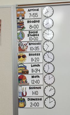 a bulletin board with several clocks on it