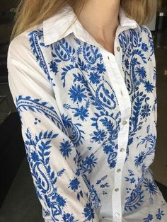 Beautiful Pong blue on white boyfriend style shirt long sleeve great with denim This blouse can be made with almost any color embroidery as a custom order. loose fit This design can also come in our best selling swing body style with 3/4 slv. Message with any questions. White Embroidered Beach Shirt, Embroidered Bohemian Button-up Blouse, Bohemian Embroidered Button-up Blouse, Long Sleeve Blouse With Motif For Summer, Bohemian Style Button-up Shirt With Floral Embroidery, Bohemian Button-up Shirt With Floral Embroidery, Bohemian Style Floral Embroidery Button-up Shirt, Bohemian Embroidered Button-up Shirt, White Floral Embroidered Shirt For The Beach