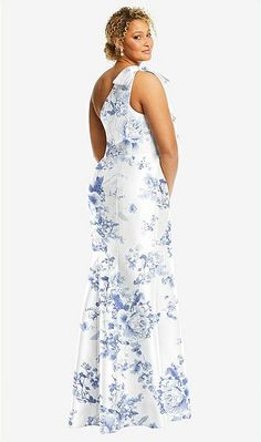 Bow One-shoulder Floral Satin Trumpet Bridesmaid Dress In Cottage Rose Larkspur | The Dessy Group Summer Mother Of The Bride Dresses, Cottage Rose, Trumpet Gown, Trumpet Skirt, Outside Wedding, Dresses Blue, Bride Dresses, Custom Dresses, Wedding Themes