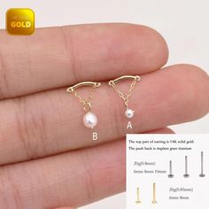 Metal: 14k solid gold, Available Gold color: Yellow gold  Guaranteed Authentic: 14k Solid Gold，Not Gold Plated or Gold Filled Thickness:0.82mm (20G) Stamp:14k ★Every ear is different, the length of backings that most suitable for your ear will depend on your ear thickness ★Titanium is a very safe metal, so we don't plate it, in order to avoid some people are allergic to the plating material. NOTE The item combined by 14k solid gold and implant grade titanium push in back,  packed in a beautiful Jewelry Box   SHIPPING ADDRESS All the orders will ship to the supplied address through your Etsy Order, Please leave your phone number,will give to carrier for safe deliver. We will not send and replacement parcels due to incomplete or inaccurate address.  PACKING ●Can be Gift packed including Jewe Helix Chain, Tragus Earring, Earring Dangle, Flat Back Earrings, Studded Flats, Tragus Earrings, Bar Studs, Earring Gold, Gold Pearl Earrings