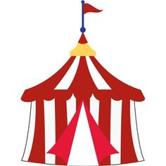 a red and white striped circus tent with a flag on it's top, viewed from the front