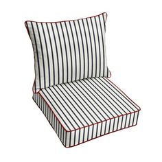 a striped chair cushion with red piping