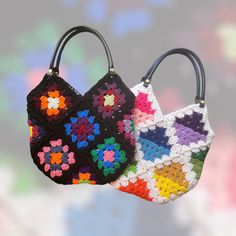 Crochet Granny Square Tote Bag with  Fabric Liner Both bags measure with a 9 inch strap drop, 12.5 inches wide, & 10 inches deep.  Bags come with snap-on straps made of PU leather. The multicolored bag with black edging comes with black straps and is lined in sugar skull fabric. The rainbow colored bag with white edging comes with navy blue straps and is lined with pink & white speckled/plaid fabric.   *This is an actual bag, ready to ship, not just the pattern. Multicolor Crochet Shoulder Bag With Adjustable Strap, Multicolor Handheld Hobo Bag For Shopping, Handheld Multicolor Hobo Bag For Shopping, Multicolor Crochet Tote Bag With Adjustable Strap, Multicolor Crochet Shoulder Bag, Rectangular Multicolor Hobo Bag For Errands, Multicolor Rectangular Hobo Bag For Errands, Multicolor Square Bag For Errands, Retro Multicolor Hobo Tote Bag