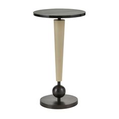 a black and white table with a round base on the top, in front of a white background