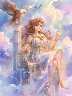 a woman sitting on top of a pillar with an eagle flying over her head and lightning behind her