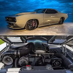 two pictures side by side one has a car engine and the other has a sports car