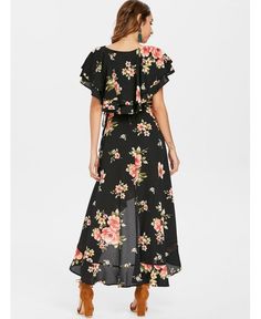 Bohemian Ruffled High Low Maxi Dress - Black - 3777908112 Size M Summer Floral Print Maxi Dress With High-low Hem, Floral Print Maxi Dress With Ruffle Sleeves For Vacation, Bohemian Midi Dress With Flutter Sleeves And Floral Print, Summer Floral Print Maxi Dress With Ruffle Sleeves, Chic Floral Print Maxi Dress With Flutter Sleeves, Spring Floral Print Maxi Dress With Ruffle Sleeves, Chic Floral Maxi Dress With Flutter Sleeves, Bohemian Short Sleeve Maxi Dress With Ruffle Hem, Chic Maxi Dress With Flutter Sleeves And Floral Print