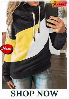 Patchwork Long Sleeve Color-block Cotton-blend Sweatshirt Women Hoodies, Outfits Winter, Collar Top, Women Hoodies Sweatshirts, Hooded Sweater, Fashion Colours, Stylish Girl, Long Sleeve Sweatshirts, Long Sleeve Hoodie