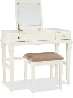 a white dressing table with a stool and mirror on the top, in front of a white background