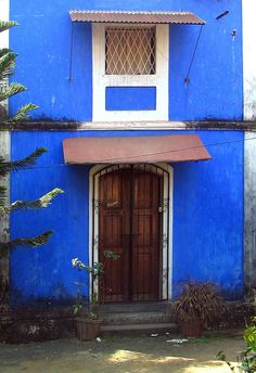 a blue building with a brown door and window on the outside, next to potted plants