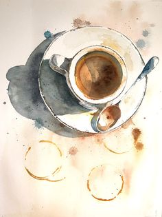 a watercolor painting of a cup of coffee on a saucer with spoons