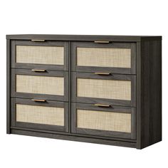 an image of a dresser with drawers and wicker doors on the bottom half of it