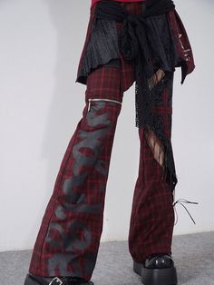 Strappy Hollow Plaid Leather Stitch Pants – ARCANA ARCHIVE Grunge Pants For Fall Streetwear, Grunge Pants For Fall, Fitted Full Length Grunge Pants, Fitted Full-length Grunge Pants, Punk Style Bottoms With Straight Leg And Pockets, Punk Straight Leg Bottoms With Pockets, Punk Style Straight Leg Bottoms With Pockets, Baggy Grunge Pants For Fall, Grunge Full-length Bottoms For Fall