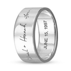 Create a personalized symbol of love that's meaningful to you with this men's engravable handwriting ring in silver. Fashioned in sterling silver This 8.0mm-wide band showcases your or your loved one's actual handwriting - expertly transferred onto the top of the band using the latest technology. Further customize the look with a hidden message - up to 20 characters in length - inscribed along the inside of the shank. Ready for all-day wear, the inside of the shank is rounded for comfort. Please follow these steps: 1) Place your order; 2) Text your handwriting from your smartphone or device to (972) 483-2900; and 3) When prompted, please respond with your Order Confirmation #. Standard text messaging rates may apply. Sterling Silver Engraved Promise Ring With Thick Band, Classic Silver Engraved Promise Ring, Classic Engraved Promise Ring With Polished Finish, Anniversary Sterling Silver Engraved Ring With Thick Band, Sterling Silver Engraved Ring For Anniversary, Anniversary Engraved Sterling Silver Ring With Thick Band, Classic Engraved Ring With Polished Finish For Promise, Signature Engraved Jewelry For Anniversary, Thick Band Sterling Silver Engraved Ring For Anniversary