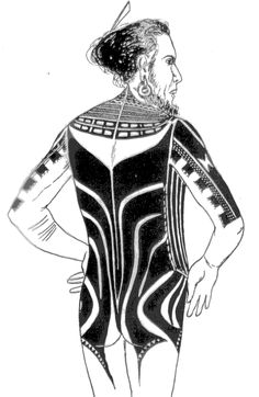 an old drawing of a man wearing a black and white dress with geometric designs on it