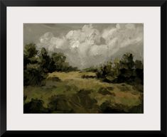 an oil painting of trees and clouds in the sky over a grassy field with green grass