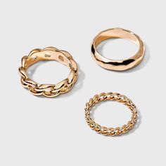 Add a subtle finishing touch to your everyday or party looks by accessorizing with this 3-Piece Smooth Band and Ball Ring Set from A New Day™. This ring set includes three rings — one in a link-chain design, one simple band and one featuring knotted detailing — each in a golden finish to give you plenty of options to find the look that's perfect for you. Great for everyday use, you can mix and match these gold-finish rings together or pair them with other rings or bracelets to add a touch of gla Gold Ring Price, Jewlery Rings, Multi Ring, Multiple Rings, Layered Rings, Simple Band, Brass Band, Three Rings, December 2024