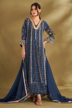 Royal blue anarkali with ikat, floral print and gota lace embroidered panel. Paired with narrow pant and sheer border printed dupatta. - Aza Fashions Royal Blue Anarkali, Floral Print Anarkali, Floral Anarkali, Blue Anarkali, Printed Dupatta, Women Kurta, Border Print, Fashion App, Lace Embroidery