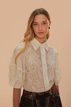 White Embroidered Short Sleeve Blouse Feminine Summer Blouse With Lace Collar, Feminine Blouse With Floral Embroidery For Daywear, Feminine Floral Embroidery Blouse For Daywear, Elegant Tops With Intricate Embroidery For Spring, Elegant Embroidered Top For Spring Daywear, Chic Embroidered Daywear Blouse, Short Sleeve Lace Blouse With Broderie Anglaise, Feminine Puff Sleeve Blouse With Floral Embroidery, Fitted Feminine Embroidered Top