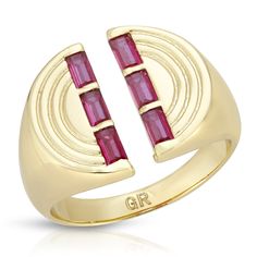 A 70's vintage inspired, yet modern split signet ring features 2 rows of baguettes. Ruby colored CZ's Sizes 6,7,8 Slightly adjustable 14K Gold over Brass Signet Ring Gold, Midi Rings Silver, Oversized Hoop Earrings, Diamond Bracelet Design, Ring Ruby, Gold Statement Ring, Gold Signet Ring, Bracelet Design, Gold Filled Ring