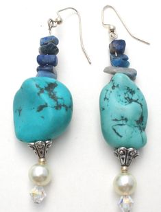 Turquoise Sodalite & Pearl Earrings Vintage Bohemian Blue Beaded Earrings With Natural Stones, Blue Beaded Earrings With Natural Stones, Blue Pearl Drop Bohemian Earrings, Blue Bohemian Pearl Drop Earrings, Chip Bead Jewelry, Aurora Borealis Crystal, Blue Sodalite, Diy Rings, Chip Beads