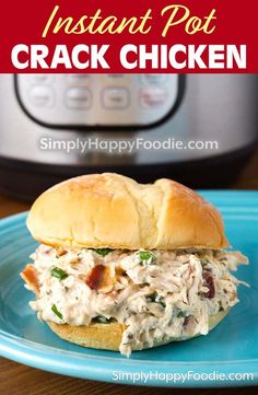 a chicken sandwich on a blue plate with an instant pot in the background and text overlay