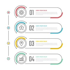 four steps with numbers and icons for infos, presentations or webpages on white background