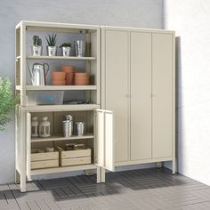 an open cabinet with pots and plants in it next to a potted plant on the floor