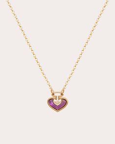 A nod to the planet of love, the Venus necklace centers its heart-shaped pendant around inlaid amethyst, a stone long believed to carry healing properties. Pavé-set diamond embellishments create ambient shimmer. Lobster claw clasp 18k yellow gold, amethyst and white diamond Diamond carat: 0.14 ctw Diamond color: G Diamond clarity: VS1 Polish with soft cloth Handmade in Lebanon Measurements Chain length: 16.53in Pendant length: 1.02in Luxury Heart Pendant Gemstone Jewelry, Luxury Jewelry With Detachable Heart Pendant, Luxury Heart Pendant Jewelry With Detachable Feature, Luxury Purple Diamond Necklace, Formal Amethyst Jewelry For Valentine's Day, Luxury Heart-shaped Jewelry With Detachable Pendant, Luxury Purple Necklaces For Anniversary, Luxury Purple Necklace For Anniversary, Luxury Pendant Jewelry For Valentine's Day