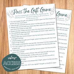 two pieces of paper with the words pass the gift game written on it and an image of