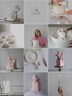 a collage of photos with different types of cakes and decorations on them, including one woman holding a whisk in her hand