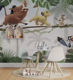 the lion king wallpaper mural in a children's room with chairs and table