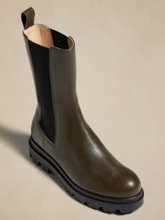 Hudson Tall Leather Chelsea Boot | Banana Republic Lug Boots, Banana Republic Shoes, Lug Sole Boots, Style Basics, Leather Chelsea Boots, Olive Color, Laura Lee, Green Colour, Winter 2022