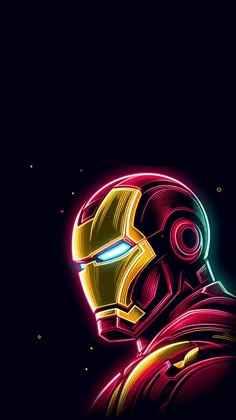 iron man in the dark with neon lights on his face and head, as if he is