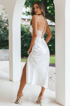 Shop the Golden Era Cowl Neck Lace Waist Midi Dress White | Selfie Leslie Satin Midi Dress With Lace Trim For Evening, Evening Satin Midi Dress With Lace Trim, Satin Midi Dress With Lace Trim, Backless Lace Trim Dresses For Prom, Backless Dresses With Lace Trim For Prom, Prom Midi Dress With Lace-up Back, Backless Lace Trim Prom Dresses, Backless Prom Dresses With Lace Trim, Elegant Backless Slip Dress With Lace Bodice